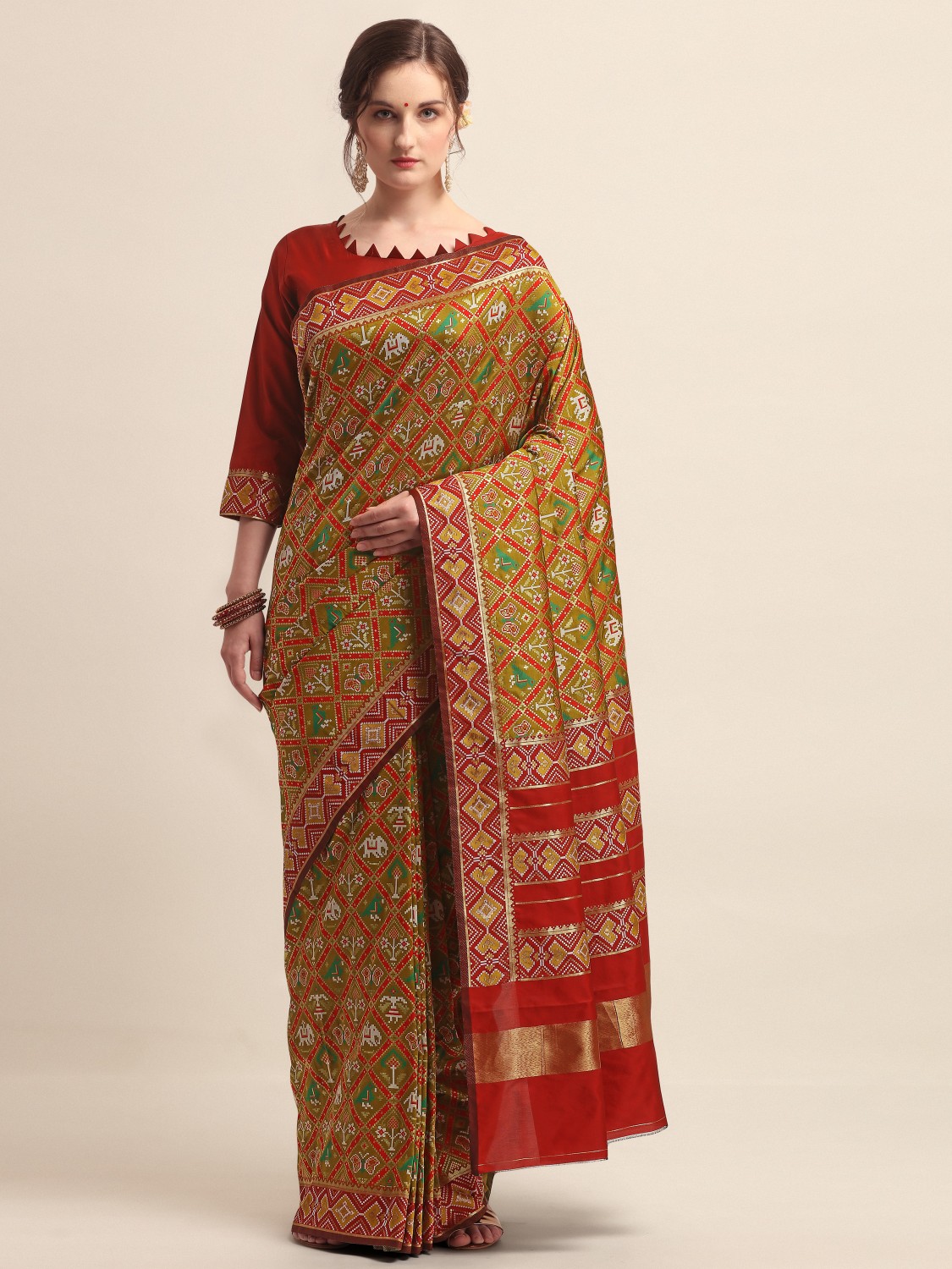 KAPAAHA Woven Figure Patola Saree (Mehndi)